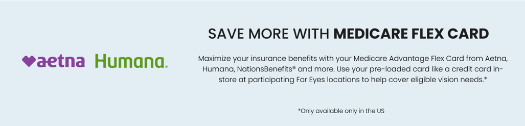 A promotional graphic with the Aetna and Humana logos on a light gray background, with the headline 'SAVE MORE WITH MEDICARE FLEX CARD' and supporting text about using Medicare Advantage Flex Card benefits.